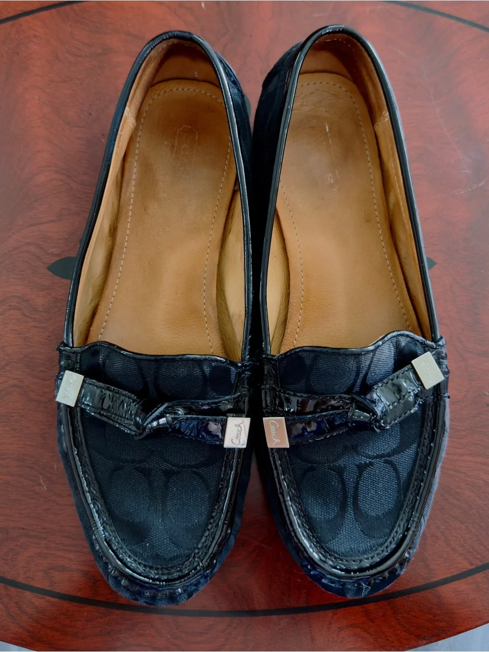 Coach Frida Women’s 8.5 B Black Signature Jacquard Patent Leather Loafers